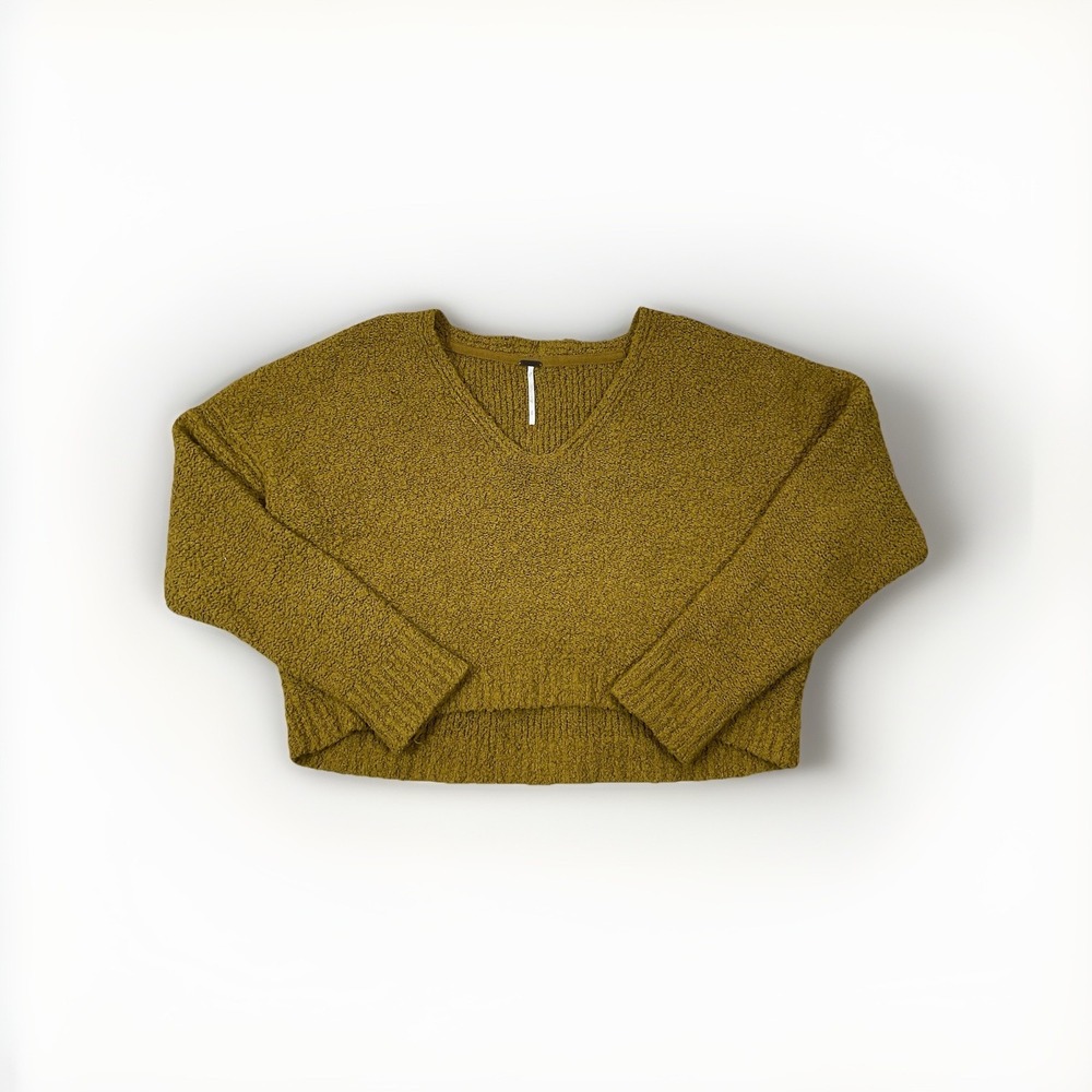 Free People Finders Keepers Green V-Neck Sweater Sz S Boxy Slouchy Fuzzy Boho